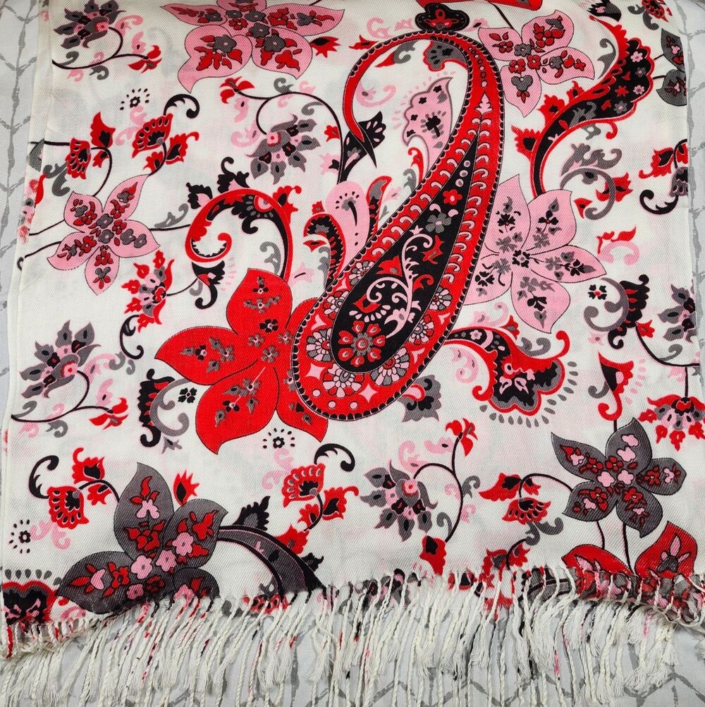White Red Pink Paisley Floral Pashmina Scarf Boho Tassel Wrap Shawl 27x72 Large